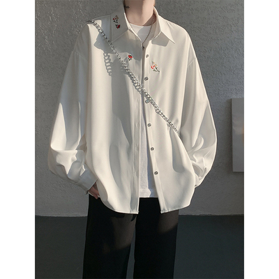新中式白色花卉刺绣衬衫男夏季潮流慵懒痞帅长袖衬衣男生休闲外衣
