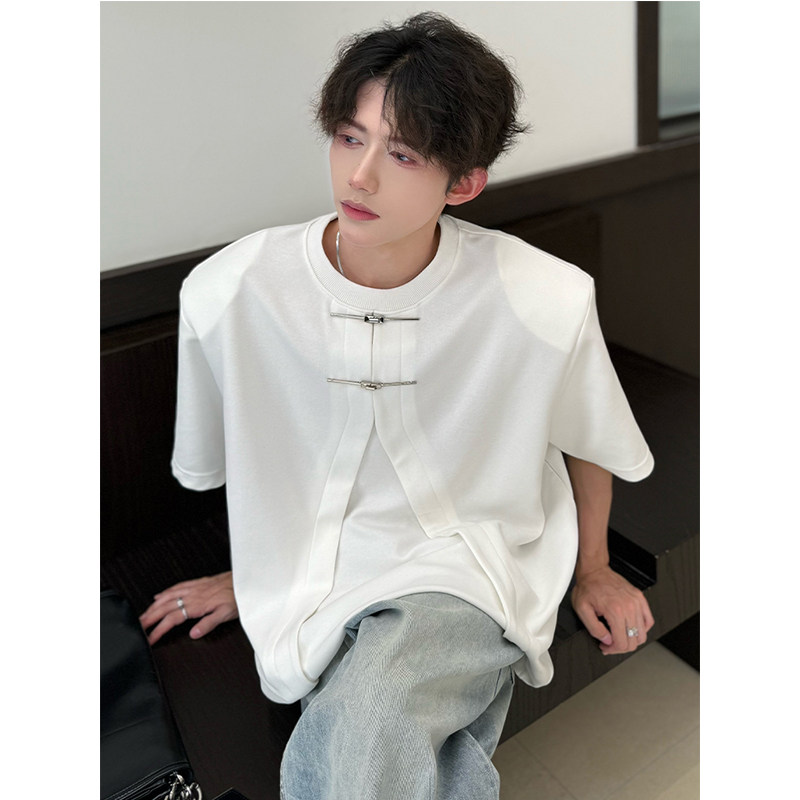 新中式垫肩t恤男高级感重磅纯棉短袖解构设计感小众情侣正肩半袖