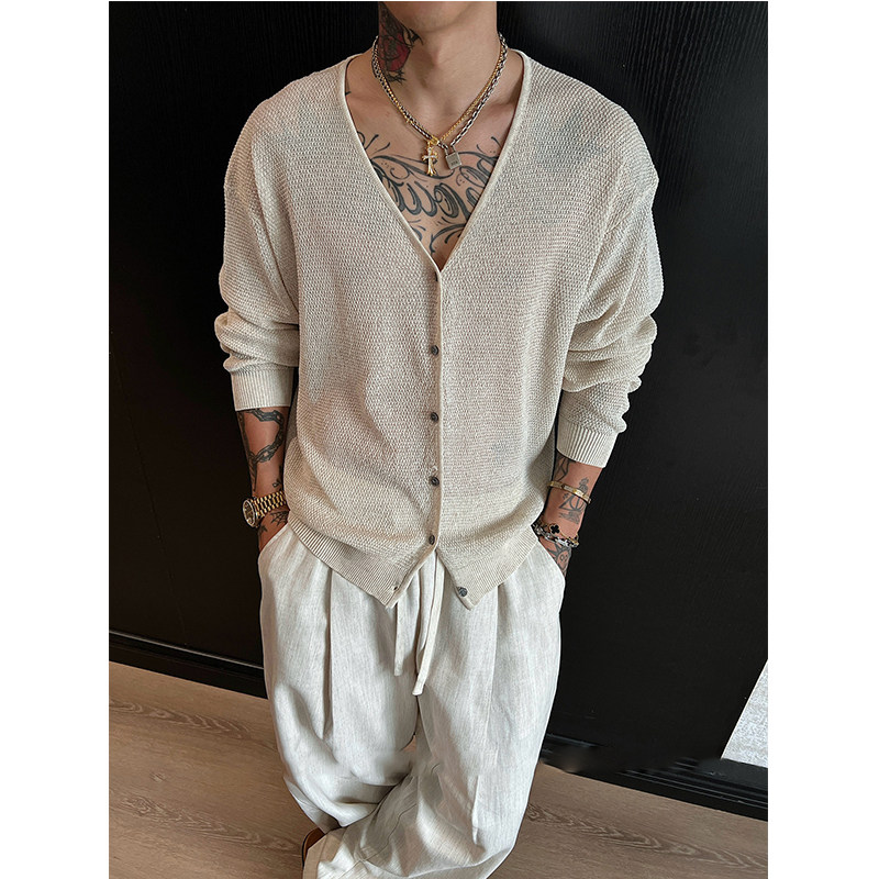 老钱风V领针织开衫男高级感修身毛衣男薄款镂空透气防晒罩衫外套