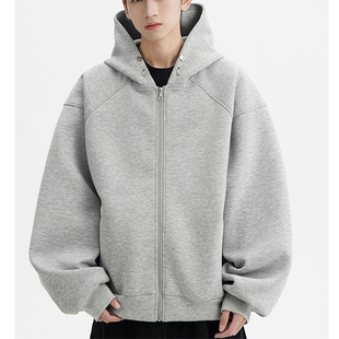 美式 空气棉重磅休闲外套 boxy灰色连帽卫衣男春秋潮牌宽松拉链开衫