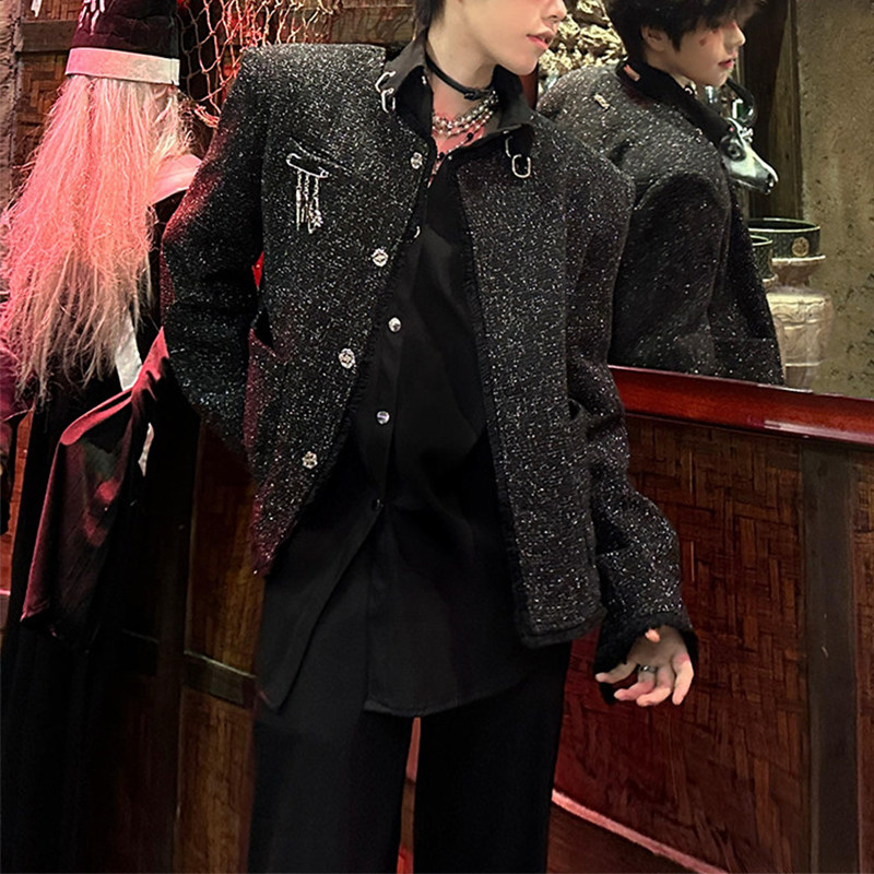 黑色垫肩小香风外套男款秋季高级感痞帅男模穿搭cleanfit短款夹克,男装,夹克,淘宝优惠券,粉丝福利购,淘宝优惠卷