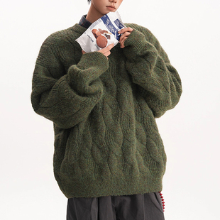 复古氛围感圆领毛衣男女秋冬宽松慵懒感麻花厚实情侣针织外套上衣