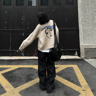 韩国油画和平鸽纽扣针织圆领毛衣男女秋冬百搭慵懒开衫毛衣外套