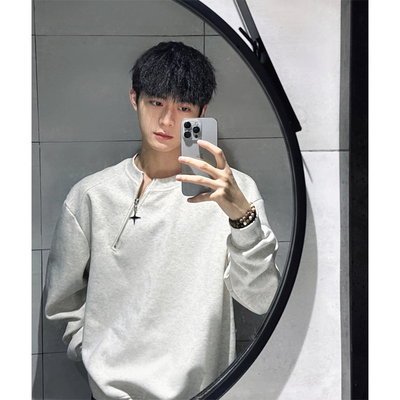 半拉链宽松灰色圆领卫衣