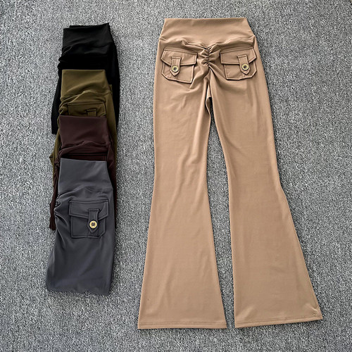 欧美工装风纽扣蜜桃臀瑜伽裤