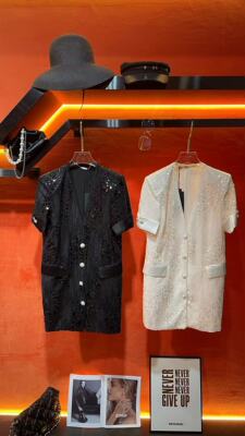 特价名媛亮片小西装外套宽松职业女士外搭短袖无领西服上衣女7088