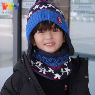 韩国winghouse儿童帽子秋冬季男女孩中大童帽子脖套护耳帽两件套