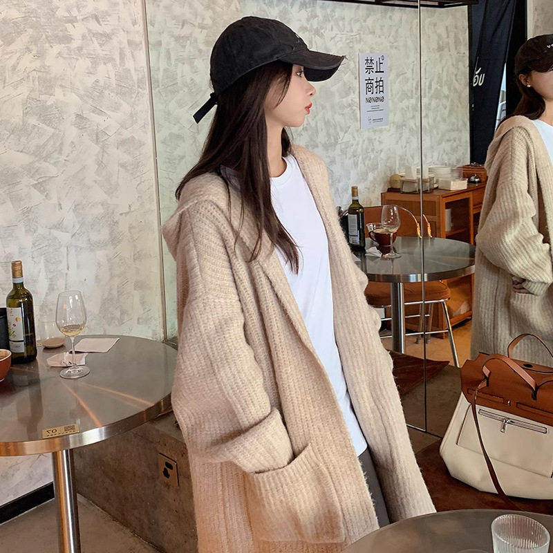春季新款中长款慵懒风外搭连帽毛衣外套女秋冬大口袋宽松针织