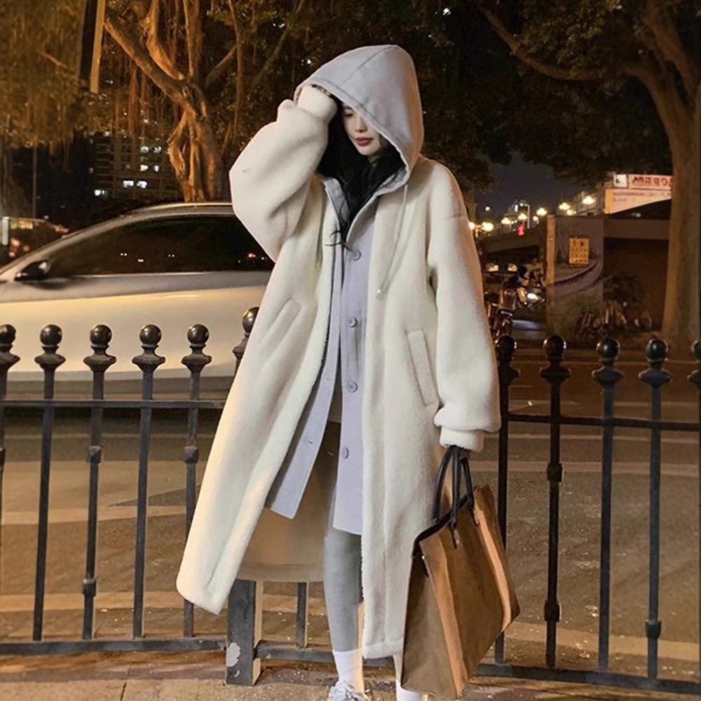假两件仿羊羔毛外套女装早秋季2025新款加厚感长款连帽大衣女