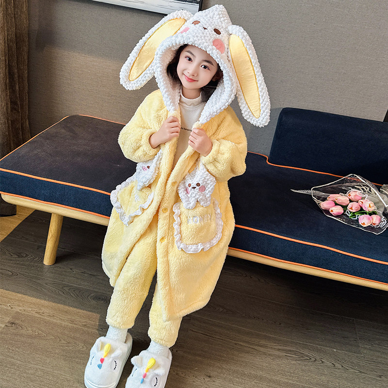 儿童睡衣套装冬季加厚款女童小孩珊瑚绒法兰绒睡袍可爱连帽家居服