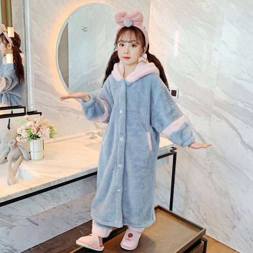 儿童睡衣珊瑚绒秋冬女童小孩加厚款连帽法兰绒保暖睡袍家居服套装