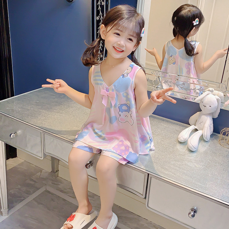 女童睡衣夏季薄款绵绸棉绸无袖小孩中大儿童条纹心空调家居服套装