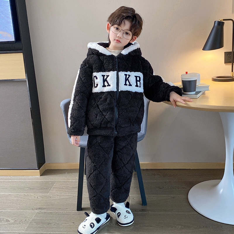 儿童睡衣加厚款秋冬季法兰绒男童孩珊瑚绒拉链保暖三层夹棉家居服