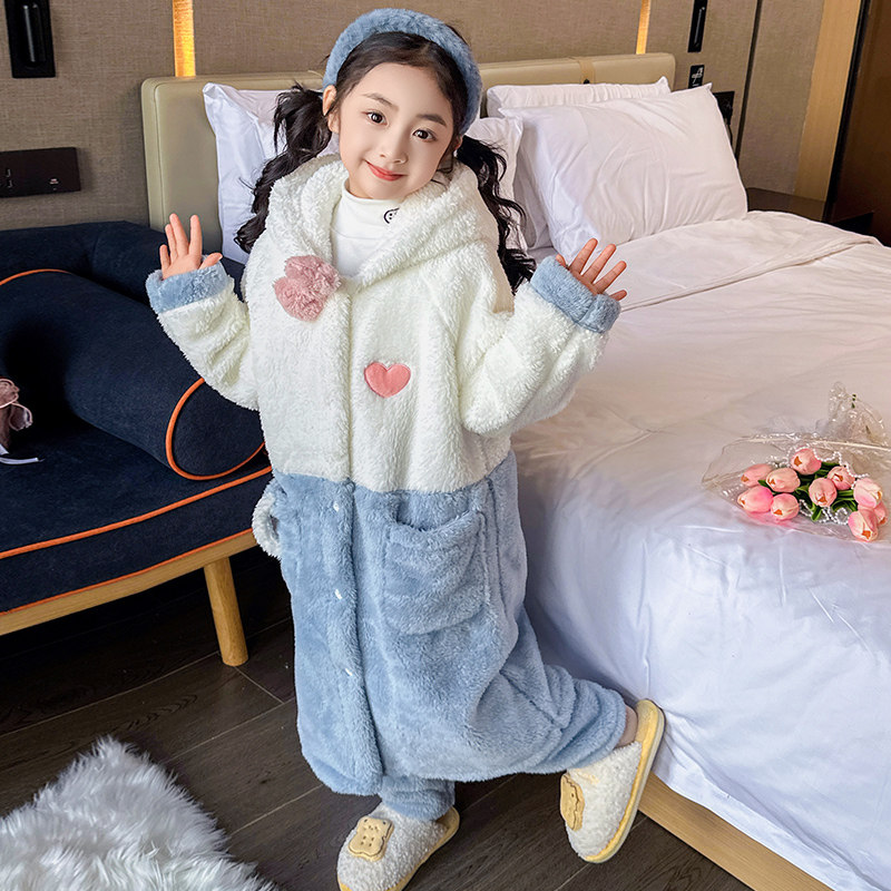 儿童睡衣套装冬季加厚款女童小孩珊瑚绒法兰绒睡袍浴袍连帽家居服