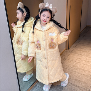 儿童睡袍睡衣套装冬季加厚款三层夹棉女童小孩珊瑚绒法兰绒家居服