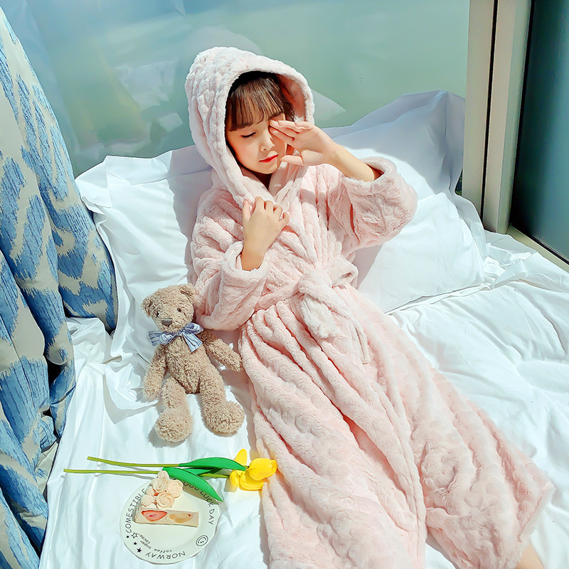 儿童浴袍珊瑚绒睡袍加厚款法兰绒秋冬季女童连帽睡裙小孩系带睡衣