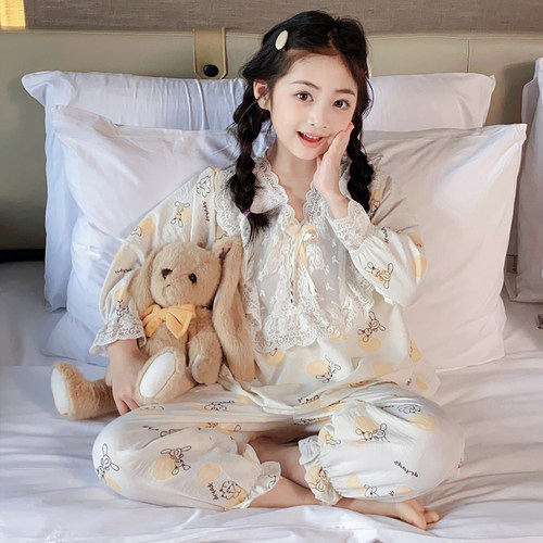 儿童棉绸睡衣薄款夏季长袖女童中大童绵绸家居服2025新款宝宝套装