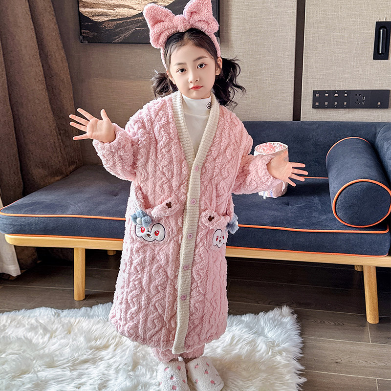 儿童睡袍睡衣套装冬季加厚款三层夹棉女童小孩珊瑚绒法兰绒家居服