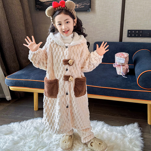 儿童睡衣套装冬季加厚款女童小孩珊瑚绒法兰绒睡袍浴袍连帽家居服