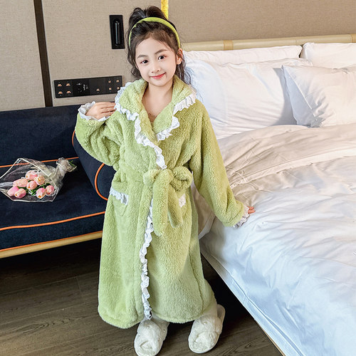 儿童睡衣套装冬季加厚款女童小孩珊瑚绒法兰绒睡袍浴袍保暖家居服