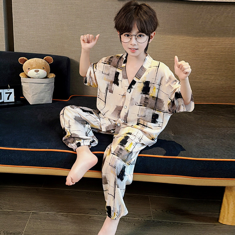 儿童棉绸睡衣男童大小孩绵绸夏季家居服套装新水墨画宝宝长裤短袖