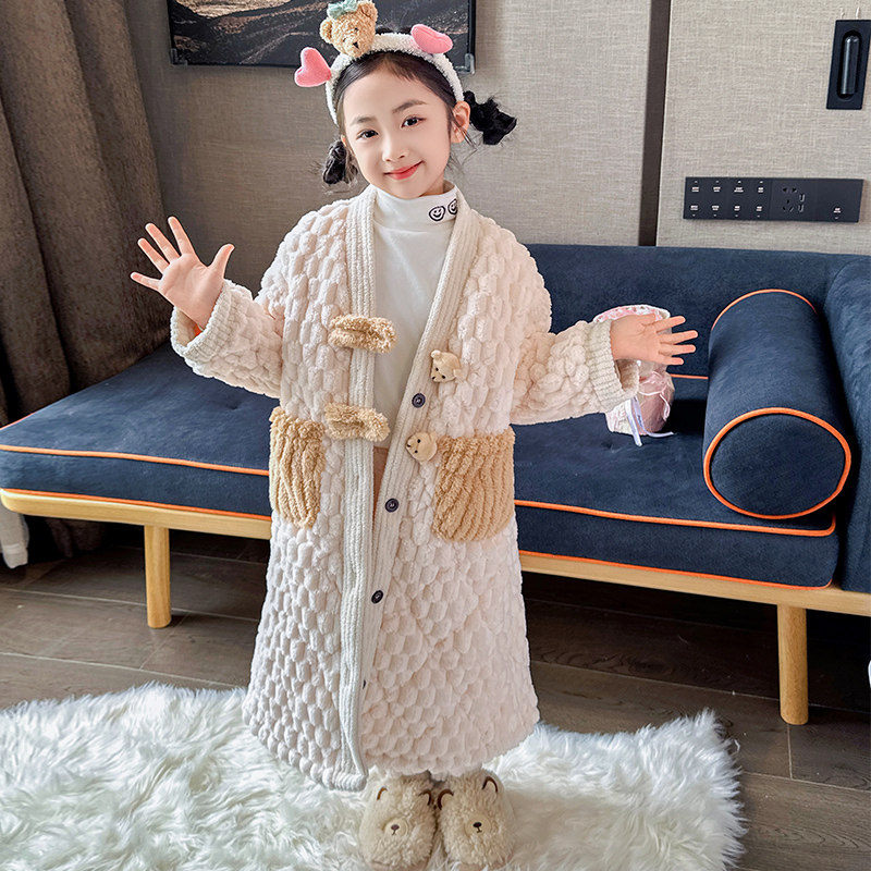 儿童睡袍睡衣套装冬季加厚款三层夹棉女童小孩珊瑚绒法兰绒家居服