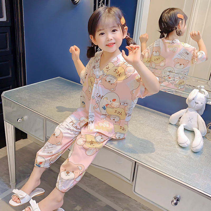儿童棉绸睡衣薄款女童小孩夏季天绵绸空调家居服中大童粉棕熊套装