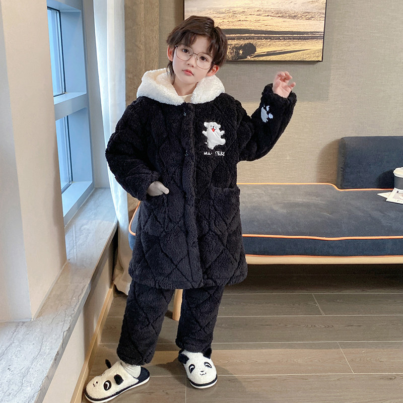 儿童睡衣冬季加厚款三层夹棉男童小孩珊瑚绒法兰绒小狗睡袍家居服