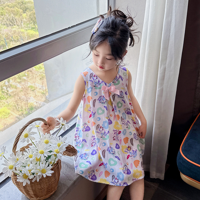 女童睡裙绵绸夏季棉绸儿童薄款短袖宝宝小孩吊带睡衣长耳兔家居服