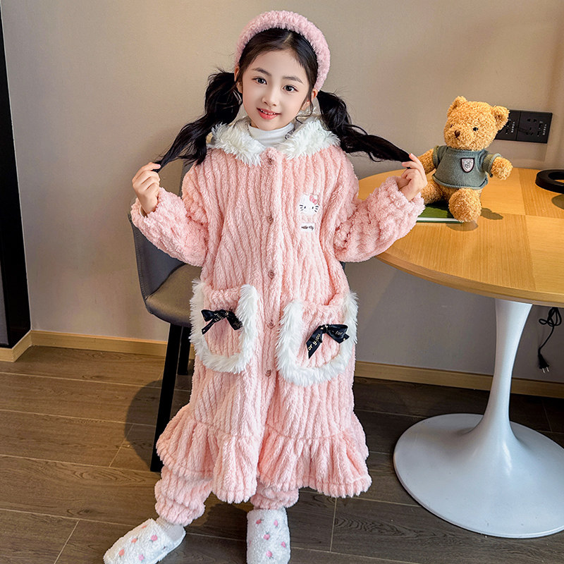 儿童睡衣套装冬季加厚款女童小孩珊瑚绒法兰绒睡袍浴袍连帽家居服