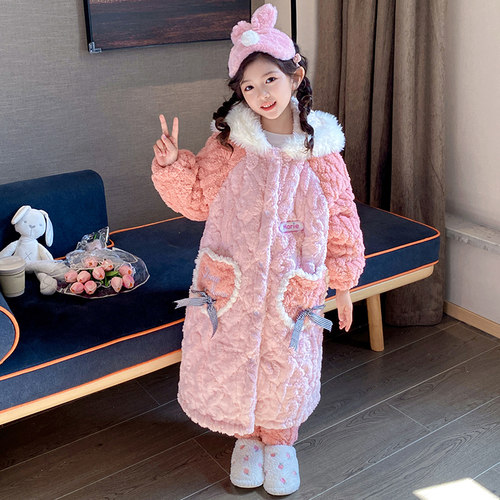 女童法兰绒夹棉套装保暖居家