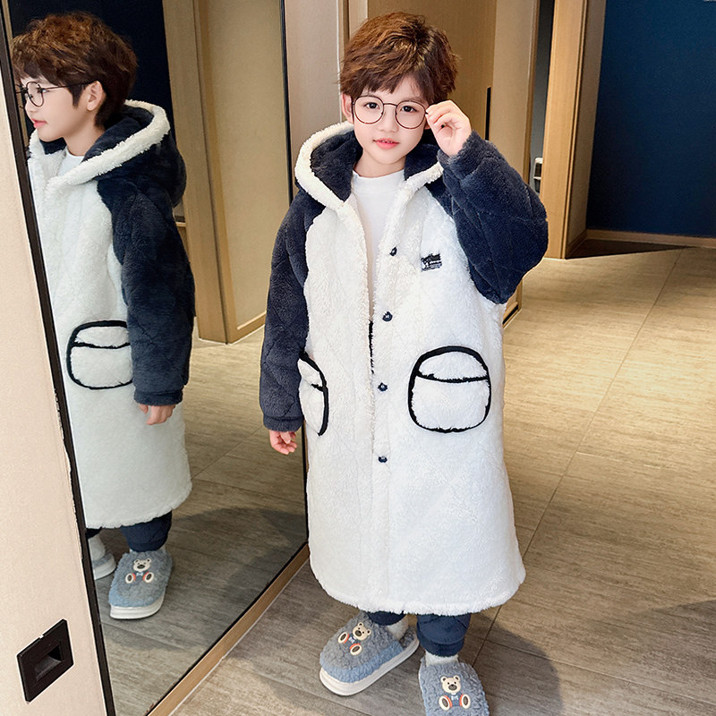 儿童睡衣秋冬季加厚款三层夹棉男童孩珊瑚绒法兰绒睡袍保暖家居服