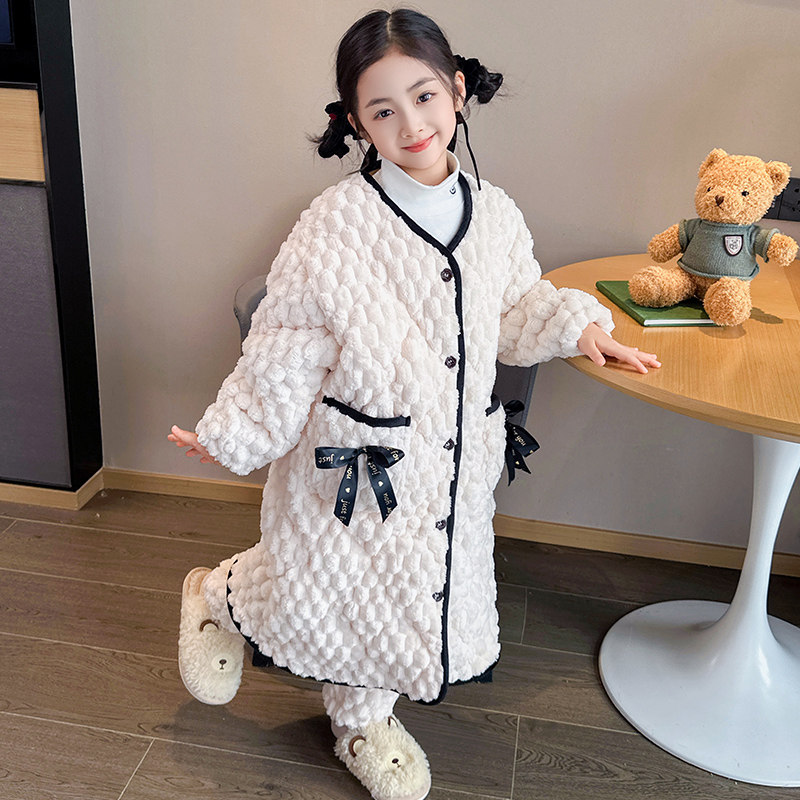 儿童睡袍睡衣套装冬季加厚款三层夹棉女童小孩珊瑚绒法兰绒家居服