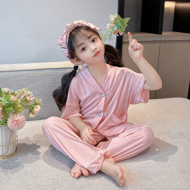 女童睡衣夏季短袖冰丝中大童小女孩公主薄款空调服儿童家居服套装