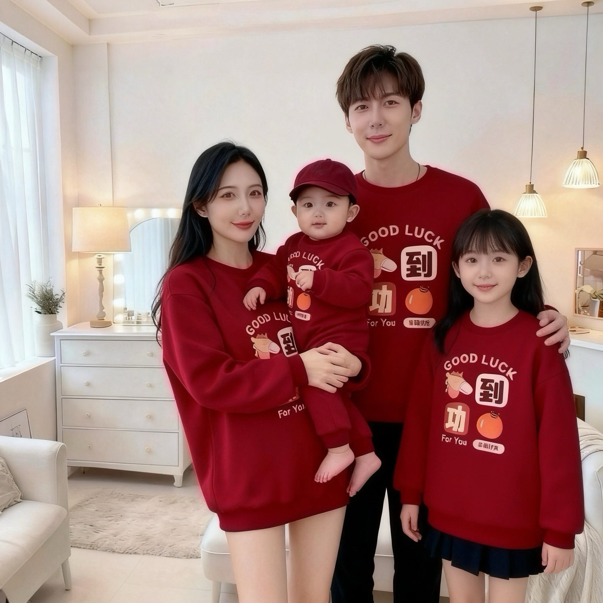 新年亲子装秋冬新款一家三四口2026红色卫衣母子母女连体衣情侣装