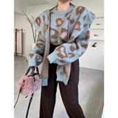 秋冬韩国东大门复古豹纹提花宽松毛衣女外搭针织披肩两件套装 上衣