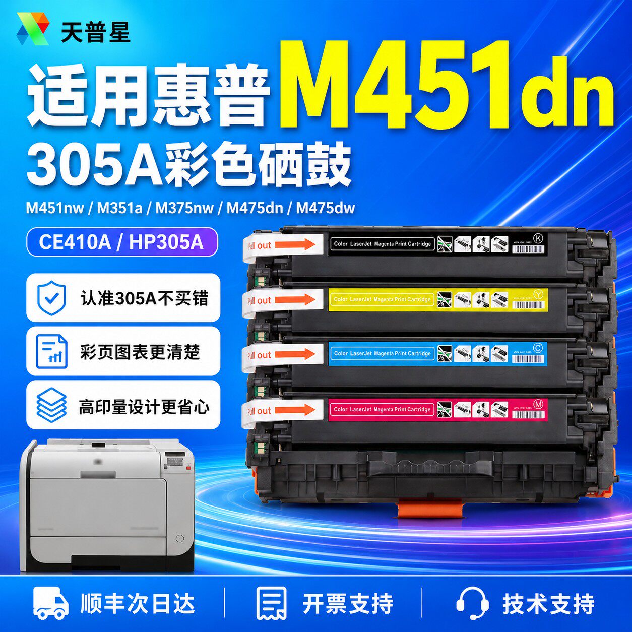 适用惠普M451dn硒鼓M451nw M351a M375nw M475dn M475dw彩色激光打印机CE410A HP305A粉盒