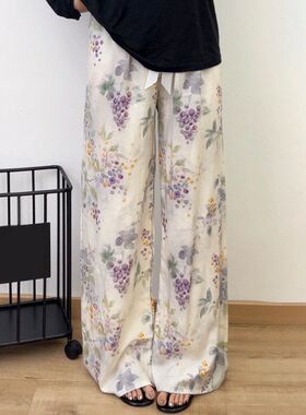 花睡裤高腰宽松阔腿裤裤子遛弯菩提休闲居家沙滩加大码棉绸九分裤