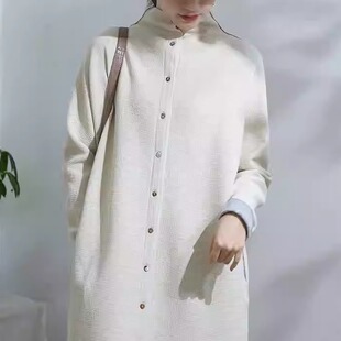 双层空气棉针织超弹茧型长款 外套女春文艺大衣气质连领宽松风衣