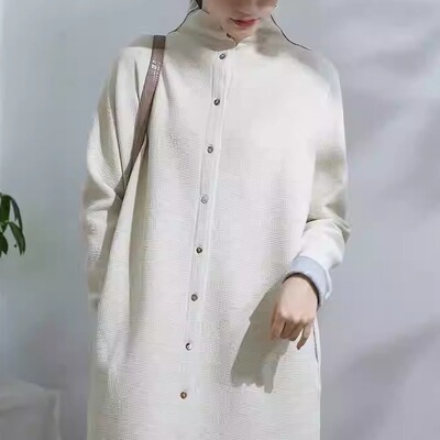 双层空气棉针织超弹茧型长款外套女春文艺大衣气质连领宽松风衣