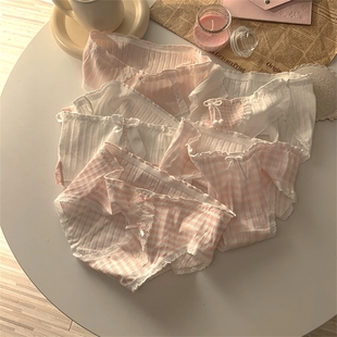 女纯棉中腰全棉裆抗菌可爱学生三角短裤 纯欲粉蕾丝边甜美少女内裤