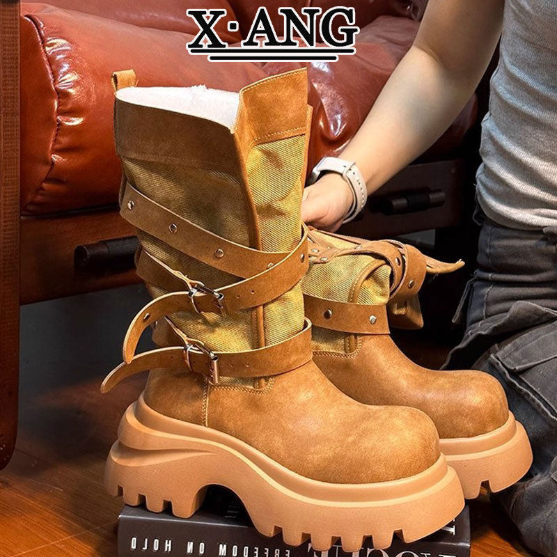 真皮英伦风马丁靴子女款皮带扣机车靴厚底增高小个子骑士靴中筒