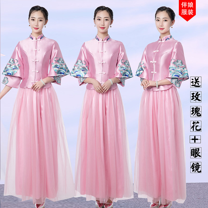 伴娘服中式婚礼姐妹团礼服公司宴年会女长袖大码中国风闺蜜裙秋冬