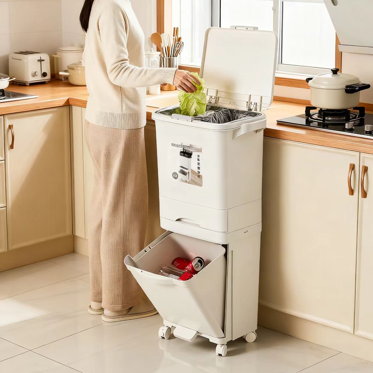 厨房垃圾桶家用厨余分类带盖大容量高款双层干湿分离脚踩大号日式