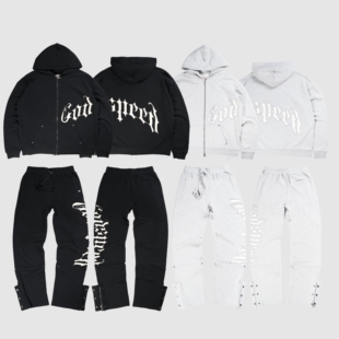 现货GODSPEED铆钉刺绣排扣微喇连帽拉链卫衣卫裤套装嘻哈美式街头