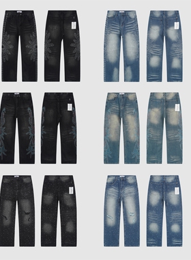 现货VALE FOREVER VALLEY烫钻水洗满钻牛仔裤直筒美式嘻哈BAGGY