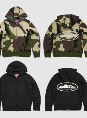 现货CORTEIZ迷彩拉链毛衣针织连帽开衫短宽外套嘻哈美式BOXY复古