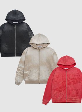 现货VALE FOREVER VALLEY水洗做旧贴布拉链卫衣外套美式嘻哈BOXY