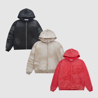 现货VALE FOREVER VALLEY水洗做旧贴布拉链卫衣外套美式嘻哈BOXY