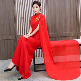 红色晚礼服披肩旗袍2021模特团体走秀舞台演出合唱国潮优雅连衣裙